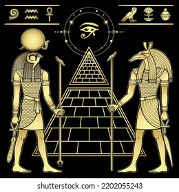 Animationsporträt: Alter ägyptischer Gott Ra und Gott Seth. Gut und Böse. Profil anzeigen Pyramidensymbol, Hieroglyphen. Vektorgrafik einzeln auf schwarzem Hintergrund. Goldnachahmung.