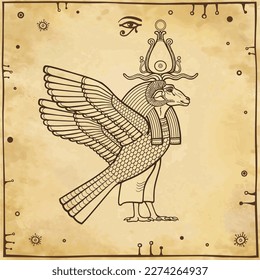 Retrato de animación: El antiguo dios egipcio Khnum con el cuerpo de un pájaro y la cabeza de un carnero.  Ver perfil.  Antecedentes - imitación de papel viejo. Ilustración vectorial.