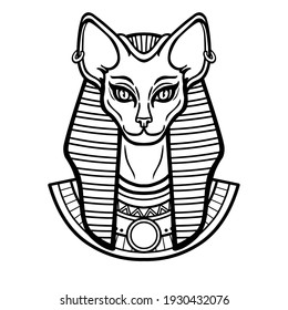 Retrato de animación de la antigua diosa egipcia Bastet (Bast).
con la cabeza de gato.  Ilustración vectorial aislada en un fondo blanco. Imprenta, afiche, tatuaje.