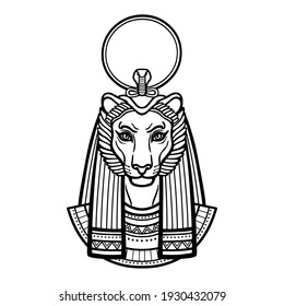 Animation portrait Ancient Egyptian goddess with head of  Lioness, disk of sun. Tefnut, Sekhmet, Bastet. 
 Vector illustration isolated on a white background. Print, poster, tatoo. 