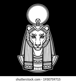 Animation portrait Ancient Egyptian goddess with head of  Lioness, disk of sun. Tefnut, Sekhmet, Bastet. 
 Vector illustration isolated on a black background. Print, poster, tatoo. 