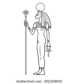 Animation portrait Ancient Egyptian goddess Bastet (Bast) holds symbols of power: staff and cross. Sacred woman cat. Profile view. Vector illustration isolated on a white background. Print, poster