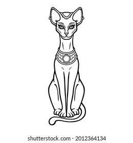 Animation portrait Ancient Egyptian goddess Bastet (Bast). Sacred cat. Vector illustration isolated on a white background. Print, poster, tatoo.