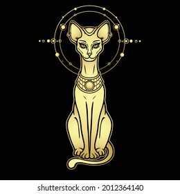 Animation portrait Ancient Egyptian goddess Bastet (Bast). Sacred cat. Orbits of planets, space symbols. Vector illustration isolated on a black background. Imitation of gold. Print, poster, tatoo.