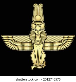 Animation portrait Ancient Egyptian goddess Bastet (Bast). Sacred winged cat with a divine crown on the head. Vector illustration isolated on a black background. Imitation of gold.  Print, poster