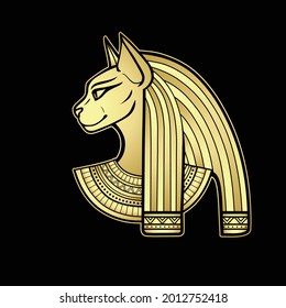 Animation portrait Ancient Egyptian goddess Bastet (Bast). Sacred woman cat. Profile view. Vector illustration isolated on a black background. Imitation of gold.  Print, poster, tatoo.