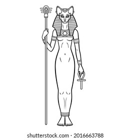 Retrato de animación La antigua diosa egipcia Bastet (Bast) sostiene símbolos de poder: el personal y la cruz. Gata sagrada. Ilustración vectorial aislada en un fondo blanco. 