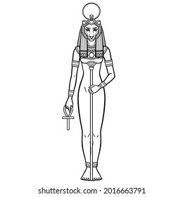 Animation portrait Ancient Egyptian goddess Sehmet (Tefnut) holds symbols of power: staff and cross. Sacred woman Lioness. Lord of Fire, Desert and War.Vector illustration isolated on a white 