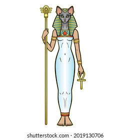 Animation portrait Ancient Egyptian goddess Bastet (Bast) holds symbols of power: staff and cross. Sacred woman cat. Vector illustration isolated on a white background. 