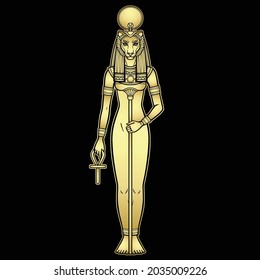 Retrato de animación La antigua diosa egipcia Sehmet (Tefnut) sostiene símbolos de poder: el personal y la cruz. Mujer sagrada Leona. Señor del Fuego, del Desierto y de la Guerra. Ilustración vectorial aislada en negro. 