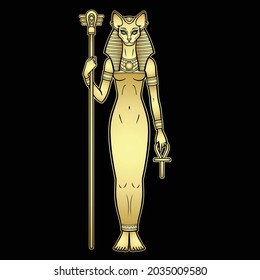 Retrato de animación La antigua diosa egipcia Bastet (Bast) sostiene símbolos de poder: el personal y la cruz. Gata sagrada. Ilustración vectorial aislada en un fondo negro. Imitación del oro.