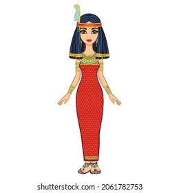 Animation portrait of ancient Egyptian goddess Maat in a wig with a bird pen. Full growth. Vector illustration isolated on a white background.