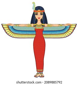 Animation portrait of ancient Egyptian goddess Maat in a wig with a bird wings. Full growth. Vector illustration isolated on a white background.