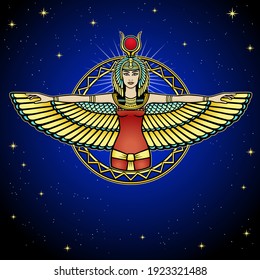 Animation portrait of ancient Egyptian winged goddess. Color drawing. Vector illustration, background - night starry sky.