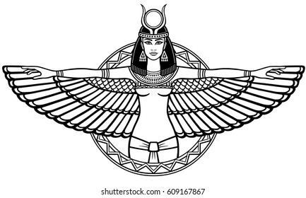 Animation portrait of the ancient Egyptian winged goddess. The linear drawing isolated on a white background. Vector illustration, be used for coloring book.