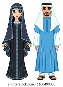 Animation portrait of the Arab family in traditional clothes. Full growth. Vector illustration isolated on a white background.