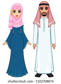 Animation portrait of the Arab family in traditional clothes. Full growth. Vector illustration isolated on a white background.