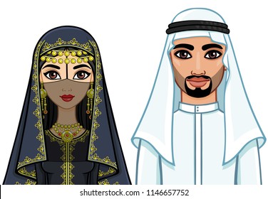 Animation portrait of the Arab family in traditional clothes.  Vector illustration isolated on a white background.