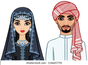 Animation portrait of the Arab family in traditional clothes.  Vector illustration isolated on a white background.