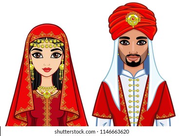 Animation portrait of the Arab family in traditional clothes.  East fairy tale. Vector illustration isolated on a white background.