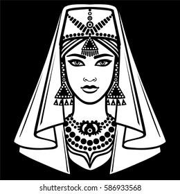 Animation portrait of the Arab  girl in ancient clothes. White drawing isolated on a black background. Vector illustration.