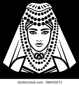 Animation portrait of the Arab girl in ancient clothes. White drawing isolated on a black background. Vector illustration.