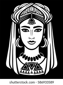 Animation portrait of the Arab  girl in a turban. White drawing isolated on a black background. Vector illustration.