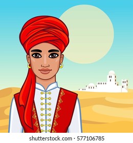 Animation portrait of the Arab man in ancient clothes. Background - a desert landscape, the white city. Vector illustration.