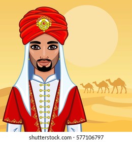 Animation Portrait Of The Arab Man In Ancient Clothes. Background - A Desert Landscape, Caravan Of Camels. Vector Illustration.