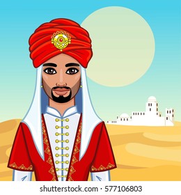 Animation portrait of the Arab man in ancient clothes. Background - a desert landscape, the white city. Vector illustration.