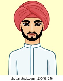 Animation portrait of the Arab man with a beard in a traditional turban. Isolated.