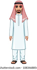 Animation portrait of the Arab man in traditional clothes.  Full growth. The vector illustration isolated on a white background.