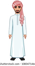 Animation portrait of the Arab man in traditional clothes.  Full growth. The vector illustration isolated on a white background.