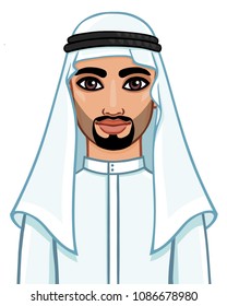 Animation portrait of the Arab man in traditional clothes.  The vector illustration isolated on a white background.
