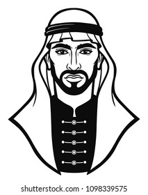 Animation portrait of the Arab man in a traditional headdress. Monochrome drawing. The vector illustration isolated on a white background.