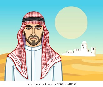 Animation portrait of the Arab man in a traditional headdress. Background - a landscape the desert, a palace silhouette. Vector illustration. the place for the text.