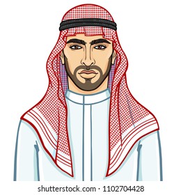 Animation portrait of the Arab man in a traditional headdress. The vector illustration isolated on a white background.