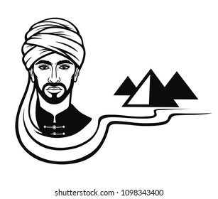 Animation portrait of the Arab man in a turban. Monochrome drawing. The vector illustration isolated on a white background.