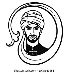 Animation portrait of the Arab man in a turban. Monochrome drawing. The vector illustration isolated on a white background.