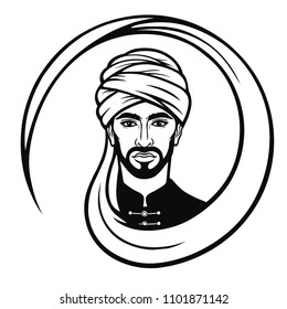 Animation portrait of the Arab man in a turban. Monochrome drawing. The vector illustration isolated on a white background.