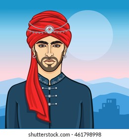 Animation portrait of the Arab man in a turban. Background - a mountain landscape, a house silhouette. Vector illustration.