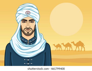 Animation portrait of the Arab man in a turban. Background - the desert, a caravan of camels. Vector illustration.