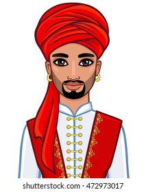 Animation portrait of the Arab man in a turban. The vector illustration isolated on a white background.