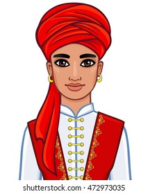 Animation portrait of the Arab man in a turban. The vector illustration isolated on a white background.