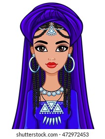 Animation portrait of the Arab princess in a turban. The vector illustration isolated on a white background.