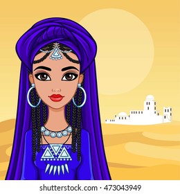 Animation portrait of the Arab princess in a turban. Background - the desert, a palace silhouette. Vector illustration.