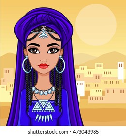 Animation portrait of the Arab princess in a turban. A background - the desert, east city. Vector illustration.