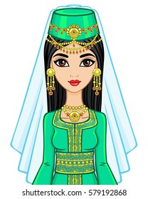 Animation portrait of the Arab woman in ancient clothes. Vector illustration isolated on a white background.