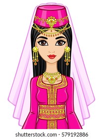 Animation portrait of the Arab woman in ancient clothes. Vector illustration isolated on a white background.