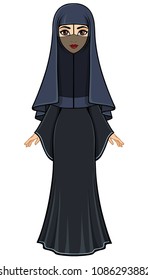 Animation portrait of the Arab woman in a traditional suit. Full growth. The vector illustration isolated on a white background.